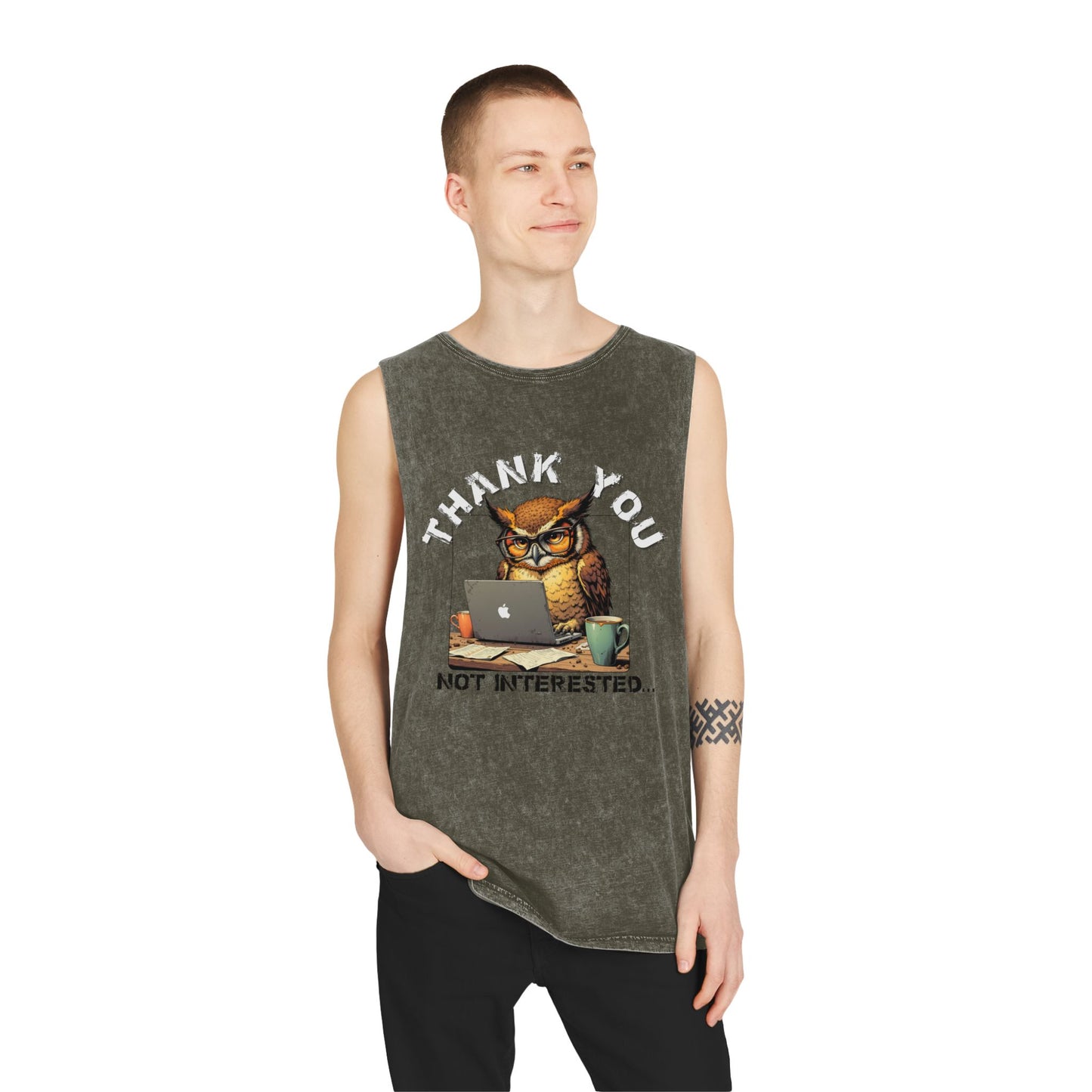 Thank You, Not Interested Tank Top — Funny Owl Laptop Graphic Stonewash Tank