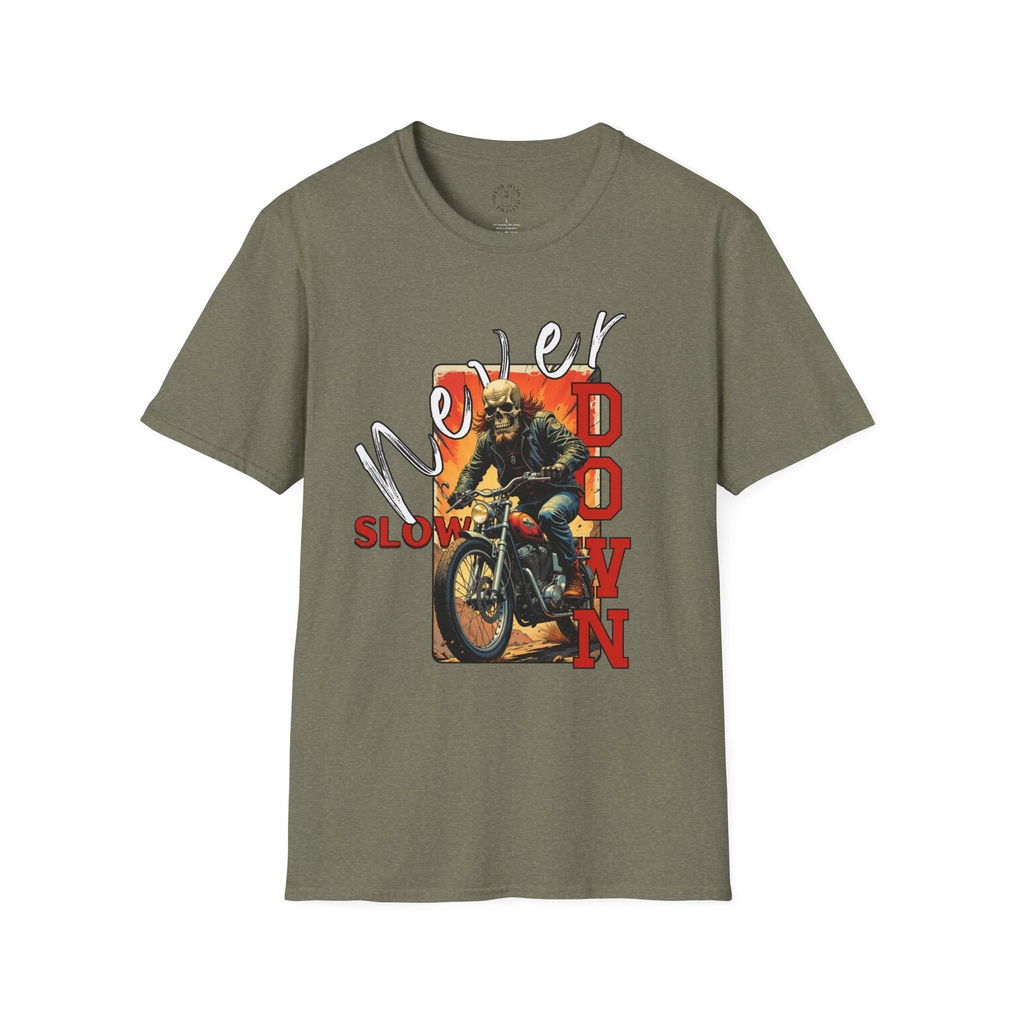 Never Slow Down Motorcycle T-Shirt - Unisex Softstyle Graphic Tee,biker, scull ,twisted
