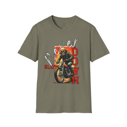 Never Slow Down Motorcycle T-Shirt - Unisex Softstyle Graphic Tee,biker, scull ,twisted