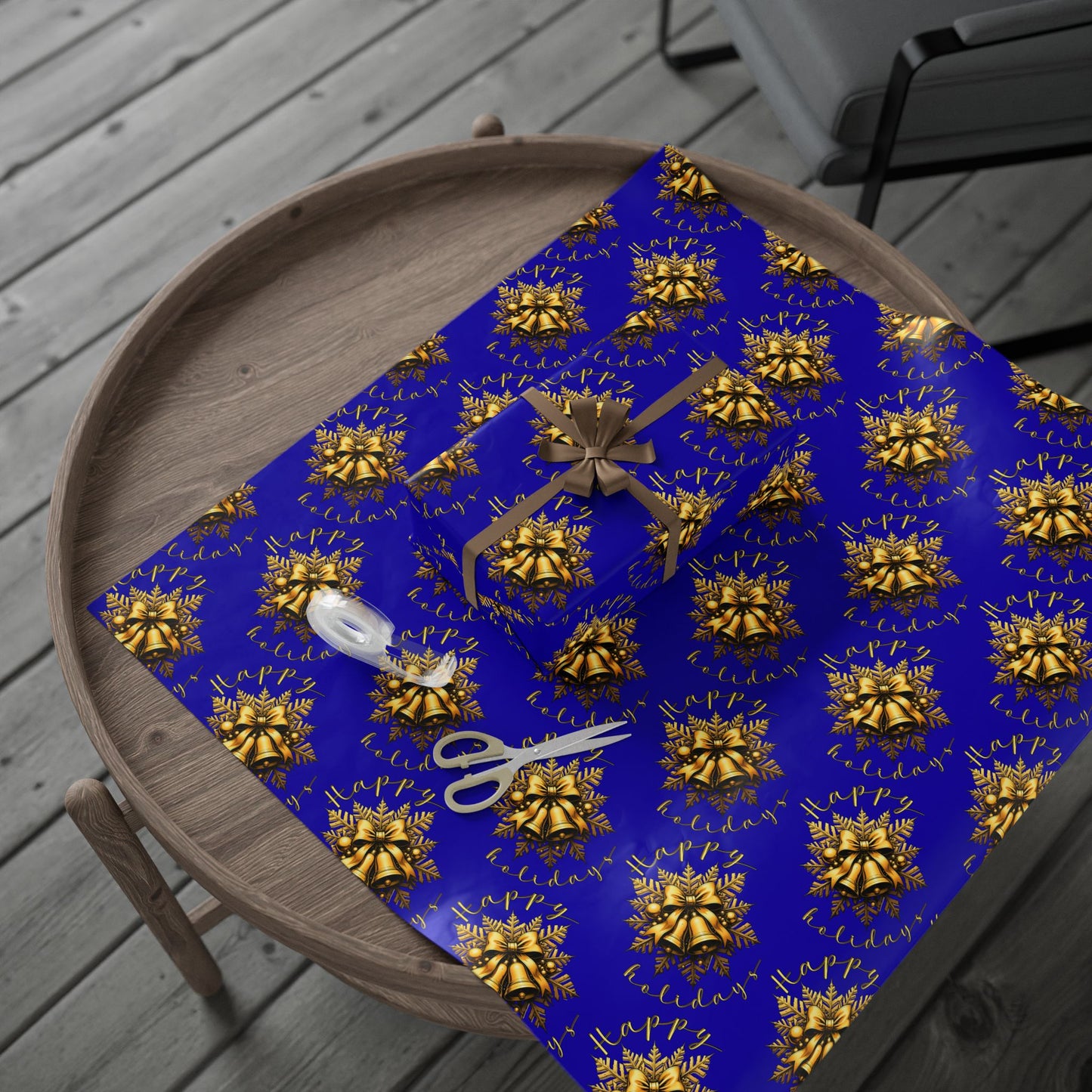 Royal Blue & Gold Holiday Wrapping Paper Roll — Elegant Floral Wreath Pattern