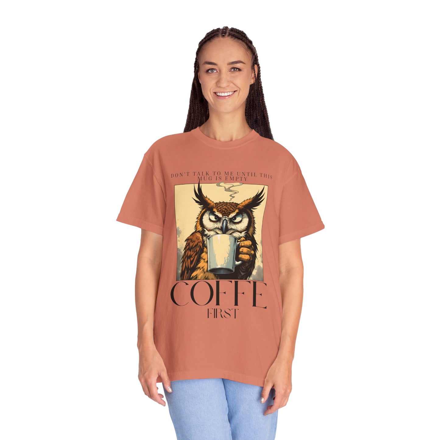Coffee First Owl T-Shirt — Vintage Coffee Lover Graphic Tee