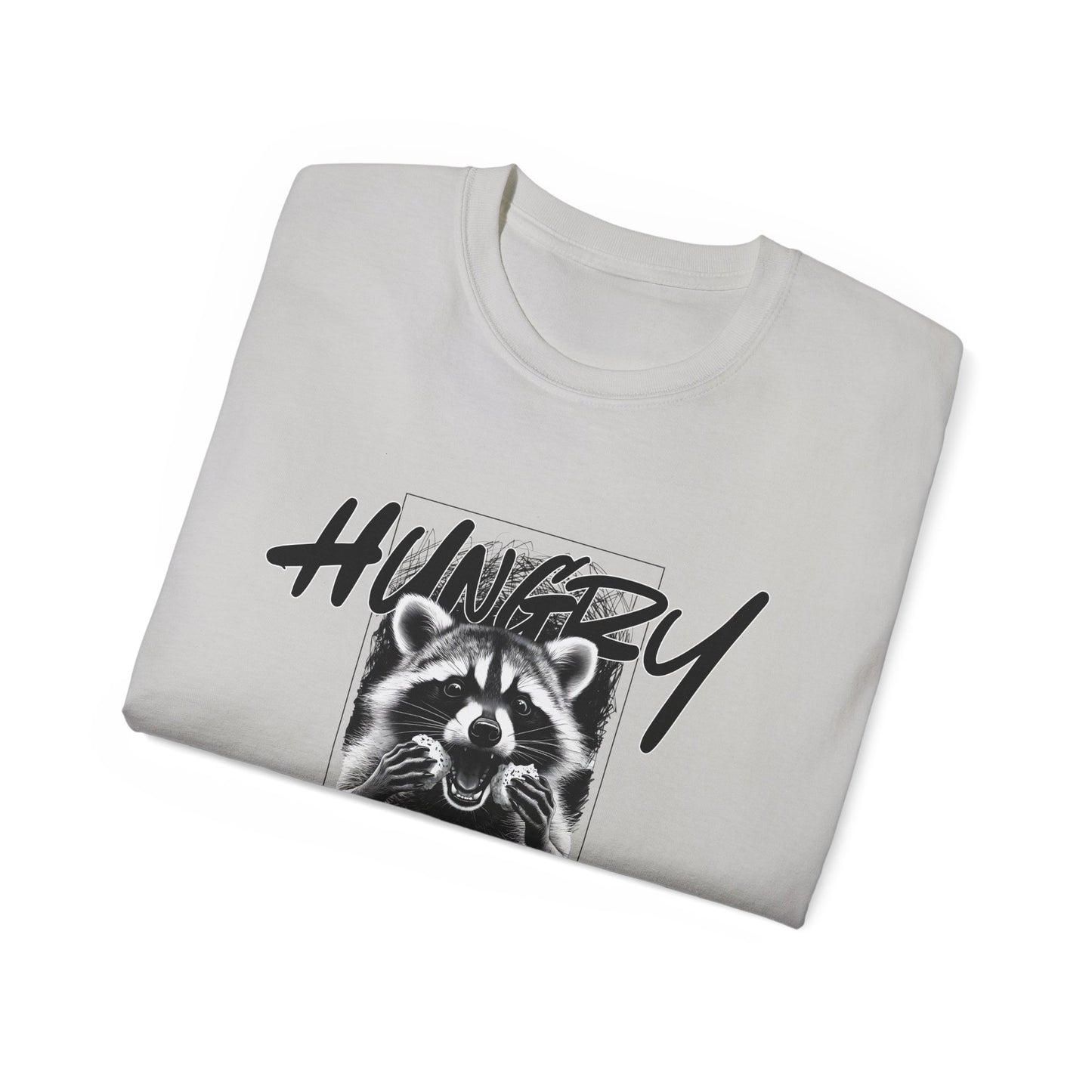 Hungry Raccoon Graphic Tee – Vintage Black & White Animal T-Shirt