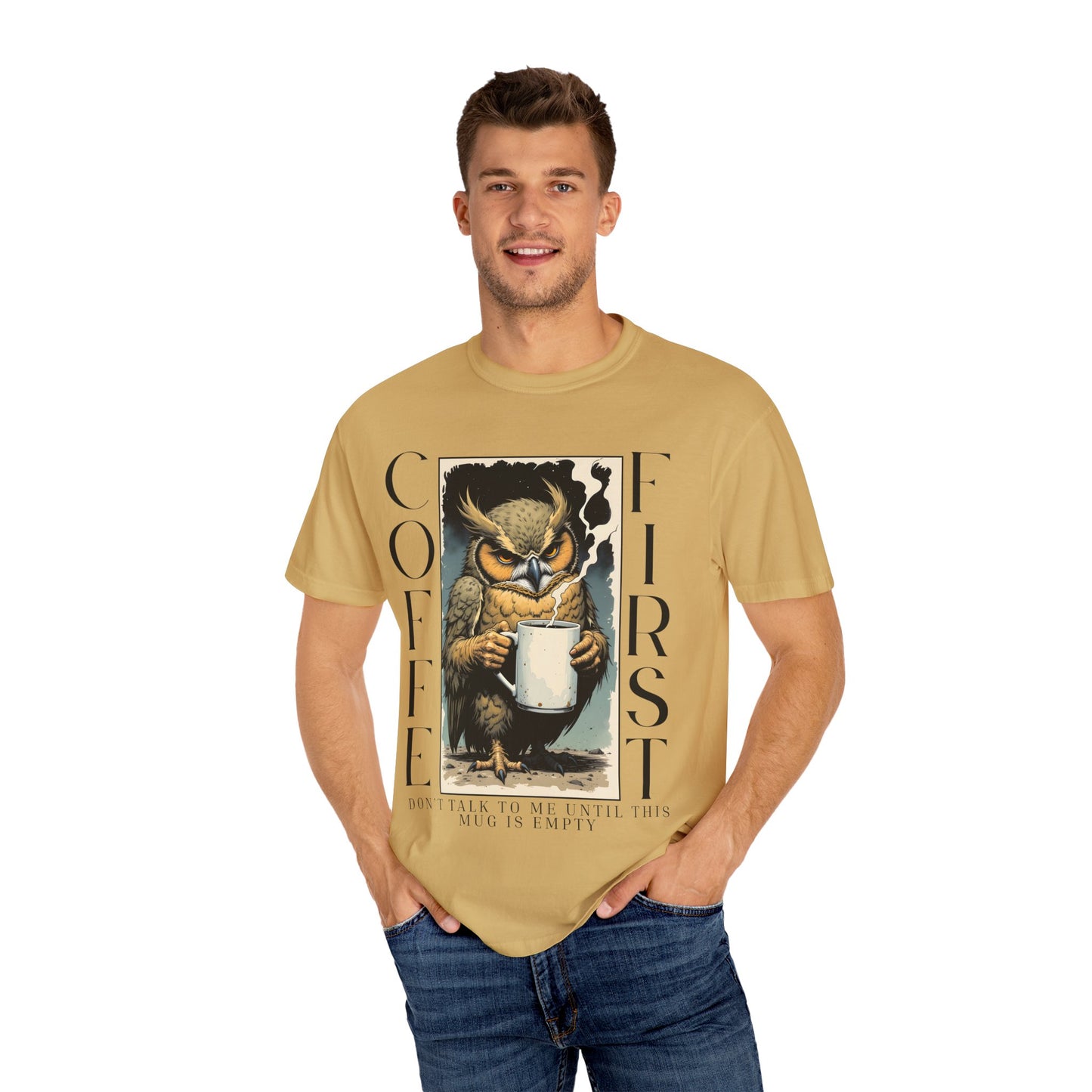 Coffee First Owl T-Shirt — Vintage Owl Holding  Graphic Tee