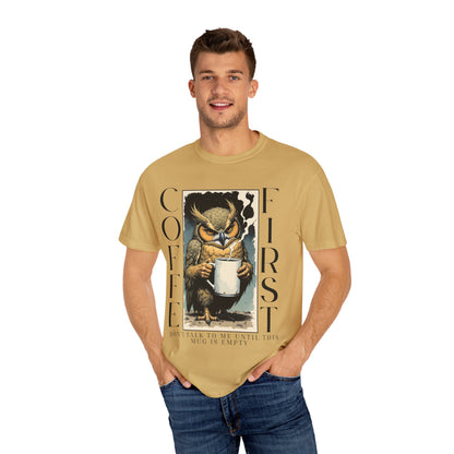 Coffee First Owl T-Shirt — Vintage Owl Holding  Graphic Tee