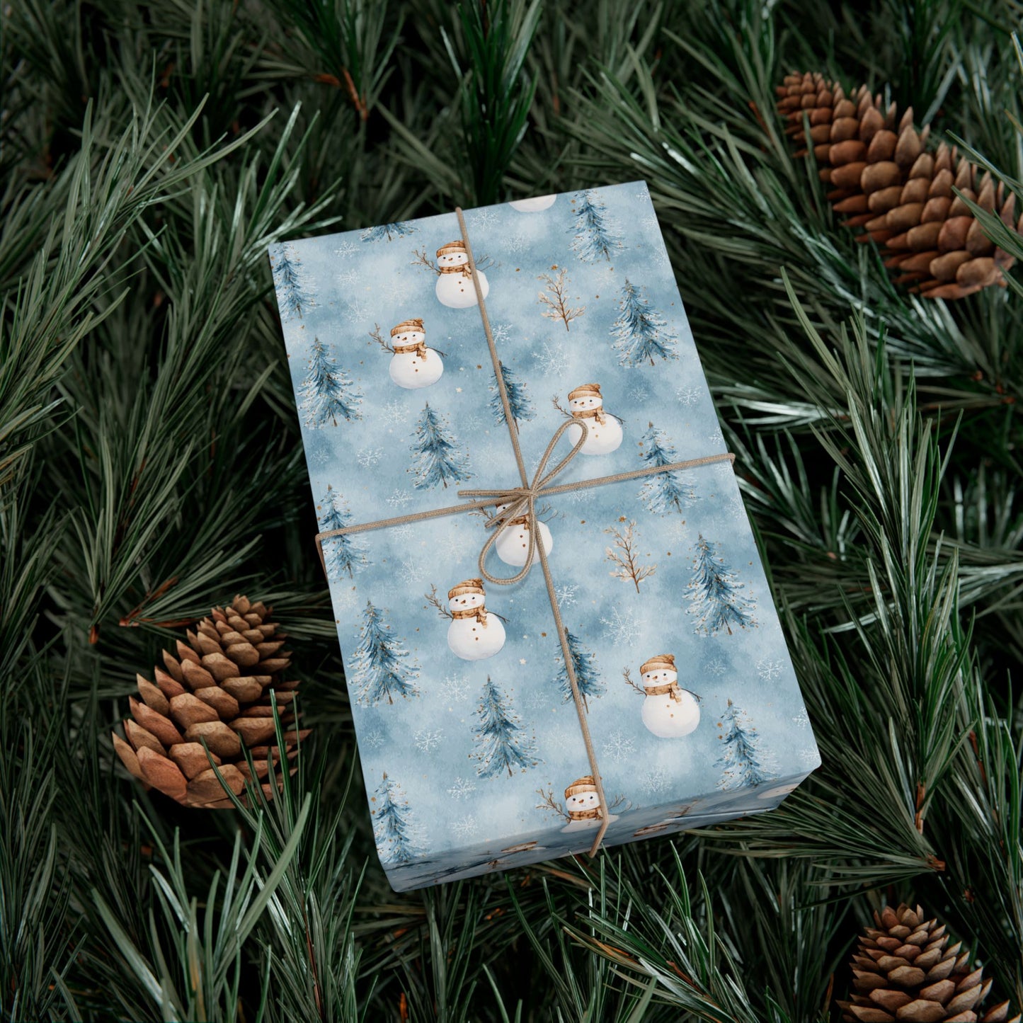 Snowman & Pine Holiday Gift Wrap Paper — Blue Winter Christmas Wrapping Sheets