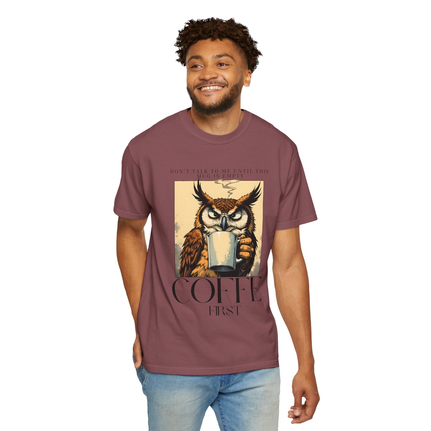 Coffee First Owl T-Shirt — Vintage Coffee Lover Graphic Tee