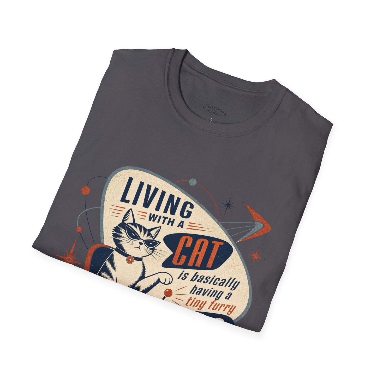 Cat T-Shirt — "Living with a Cat is Basically Having a Furry CEO" Retro Graphic