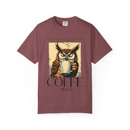 Coffee First Owl T-Shirt — Vintage Coffee Lover Graphic Tee