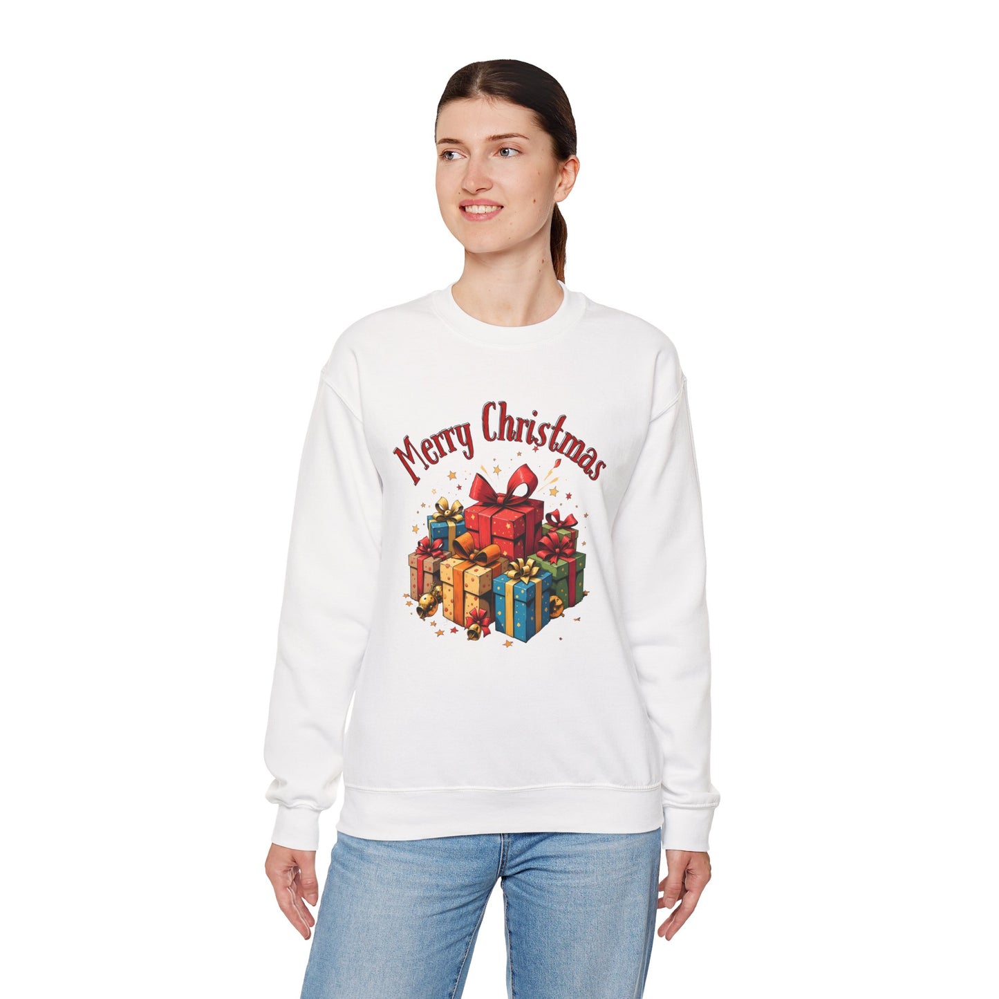 Christmas Crewneck Sweatshirt — "Merry Christmas" with Festive Gift Pile