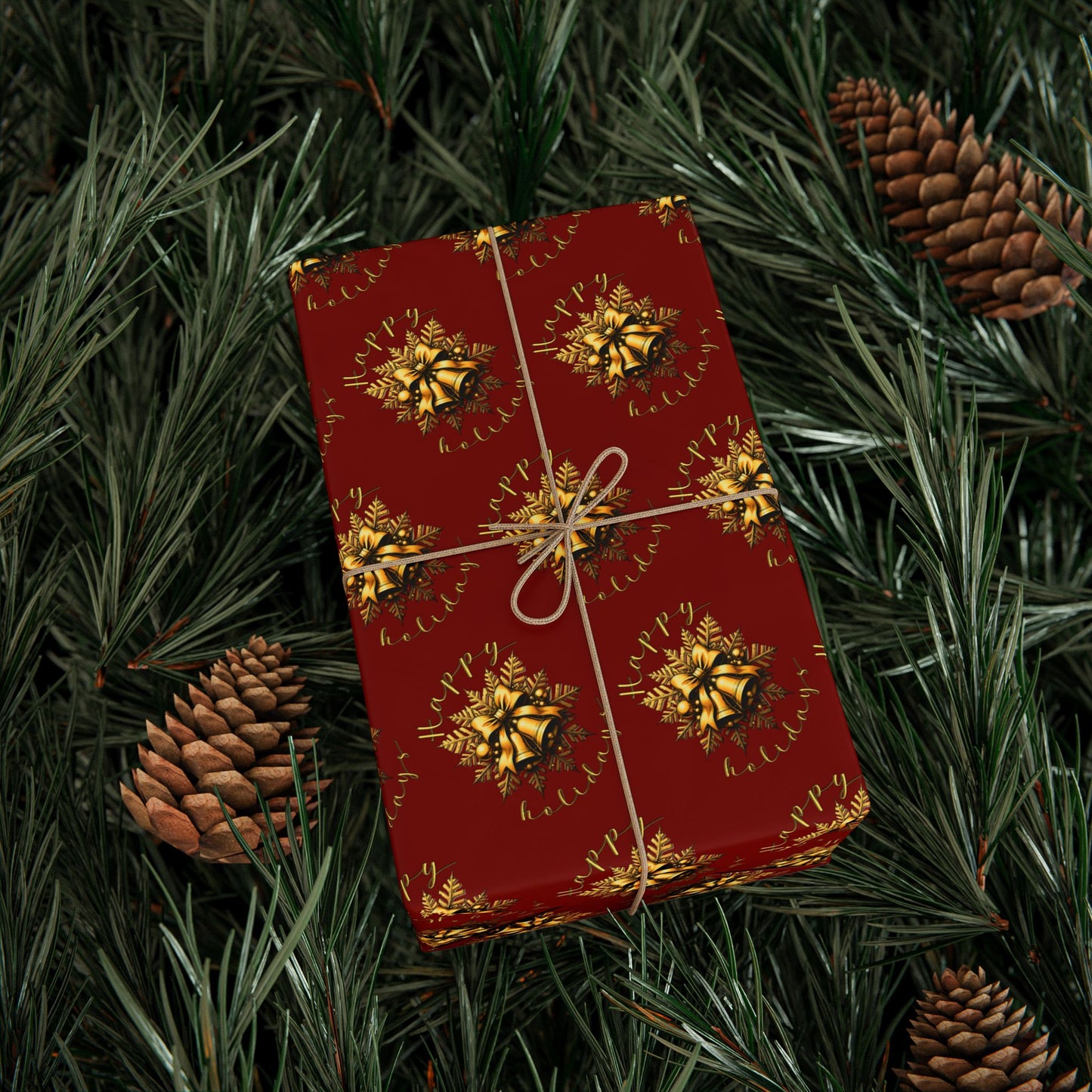 Wrapping Paper Roll — Red & Gold Leaf Pattern Holiday Gift Wrap