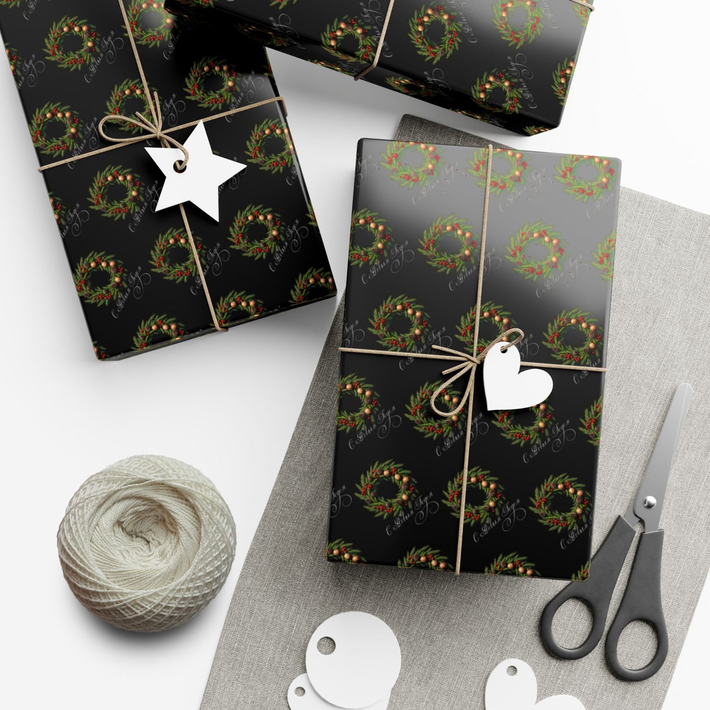 Wreath Pattern Gift Wrap Paper – Black & Gold Holiday Wrapping Sheets