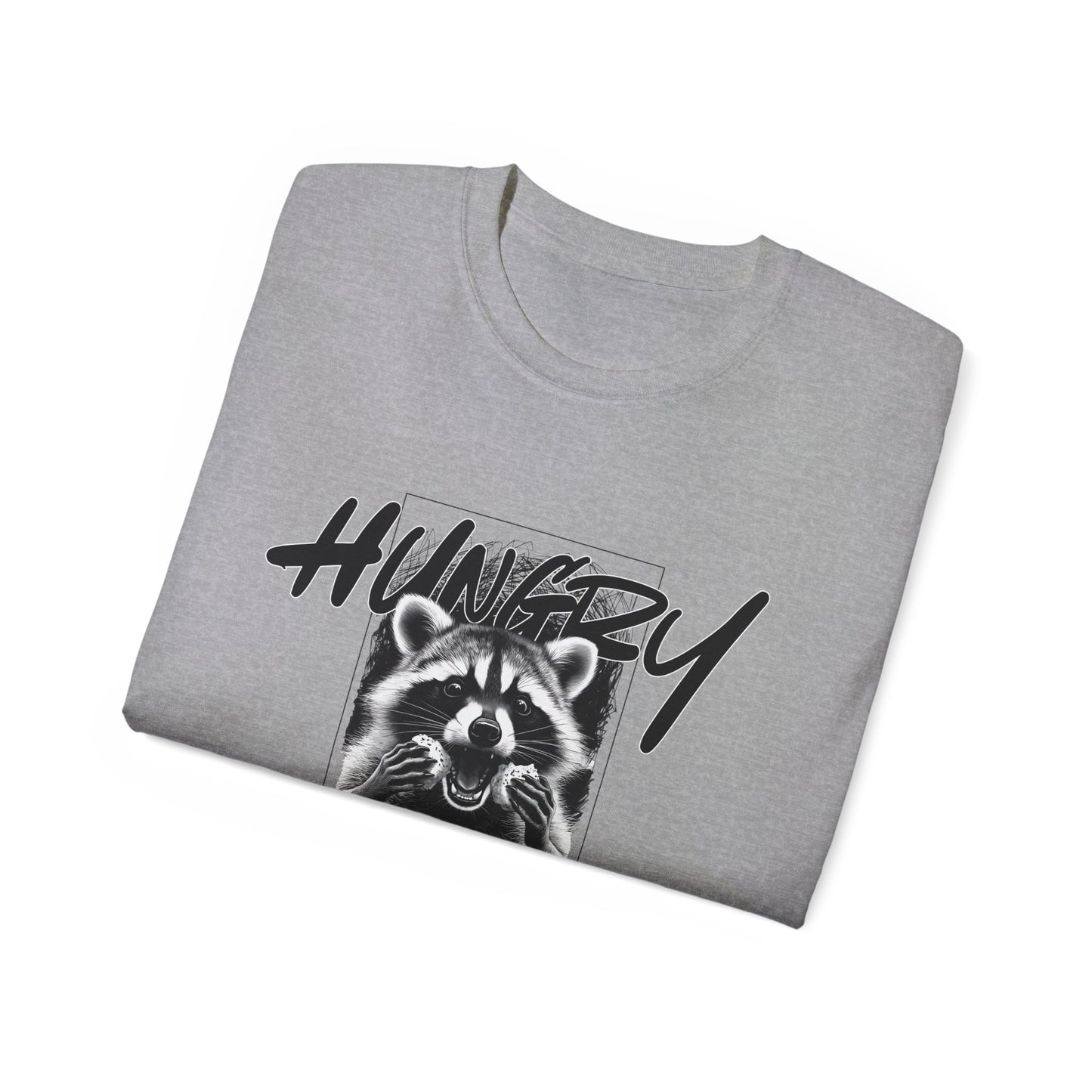 Hungry Raccoon Graphic Tee – Vintage Black & White Animal T-Shirt