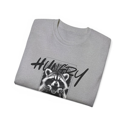 Hungry Raccoon Graphic Tee – Vintage Black & White Animal T-Shirt