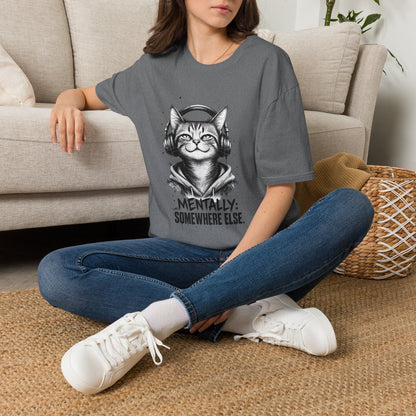 T-Shirt — Cat with Headphones "Mentally: Somewhere Else" – Cute Relaxed Graphic Tee for Cat Lovers