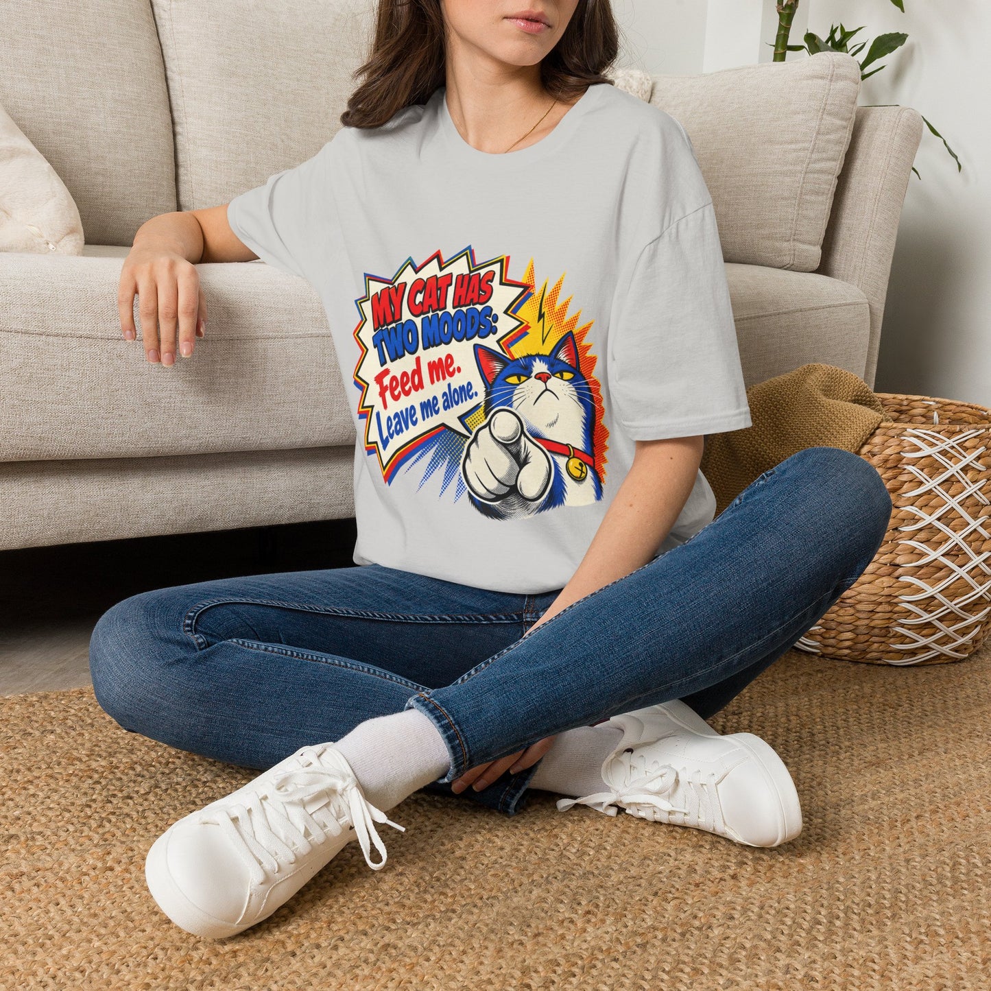 Cat T-Shirt — "My Cat Has Two Moods: Feed Me, Leave Me Alone" Funny Retro Comic Tee