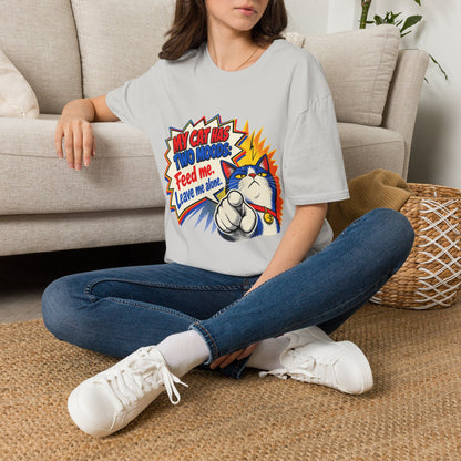 Cat T-Shirt — "My Cat Has Two Moods: Feed Me, Leave Me Alone" Funny Retro Comic Tee