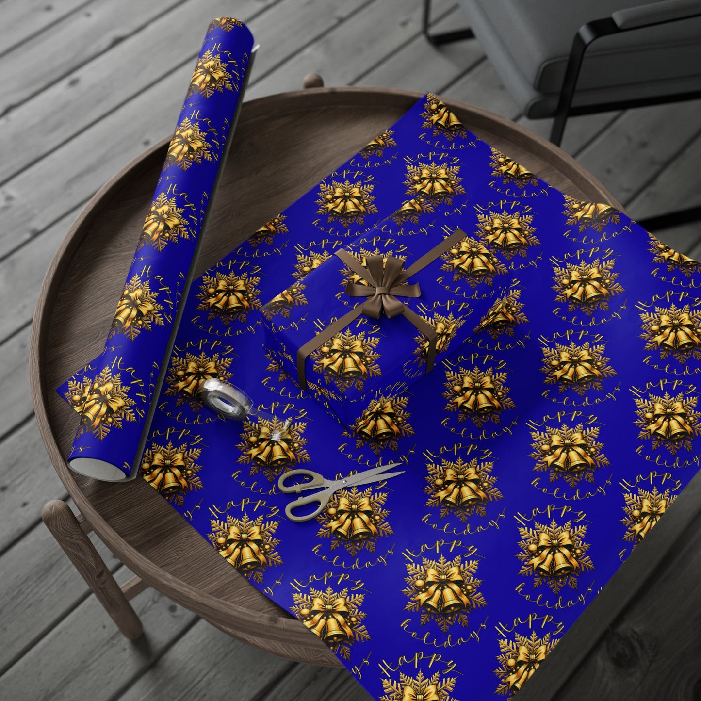 Royal Blue & Gold Holiday Wrapping Paper Roll — Elegant Floral Wreath Pattern