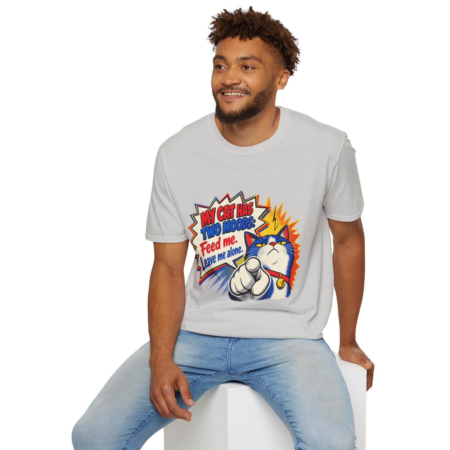 Cat T-Shirt — "My Cat Has Two Moods: Feed Me, Leave Me Alone" Funny Retro Comic Tee