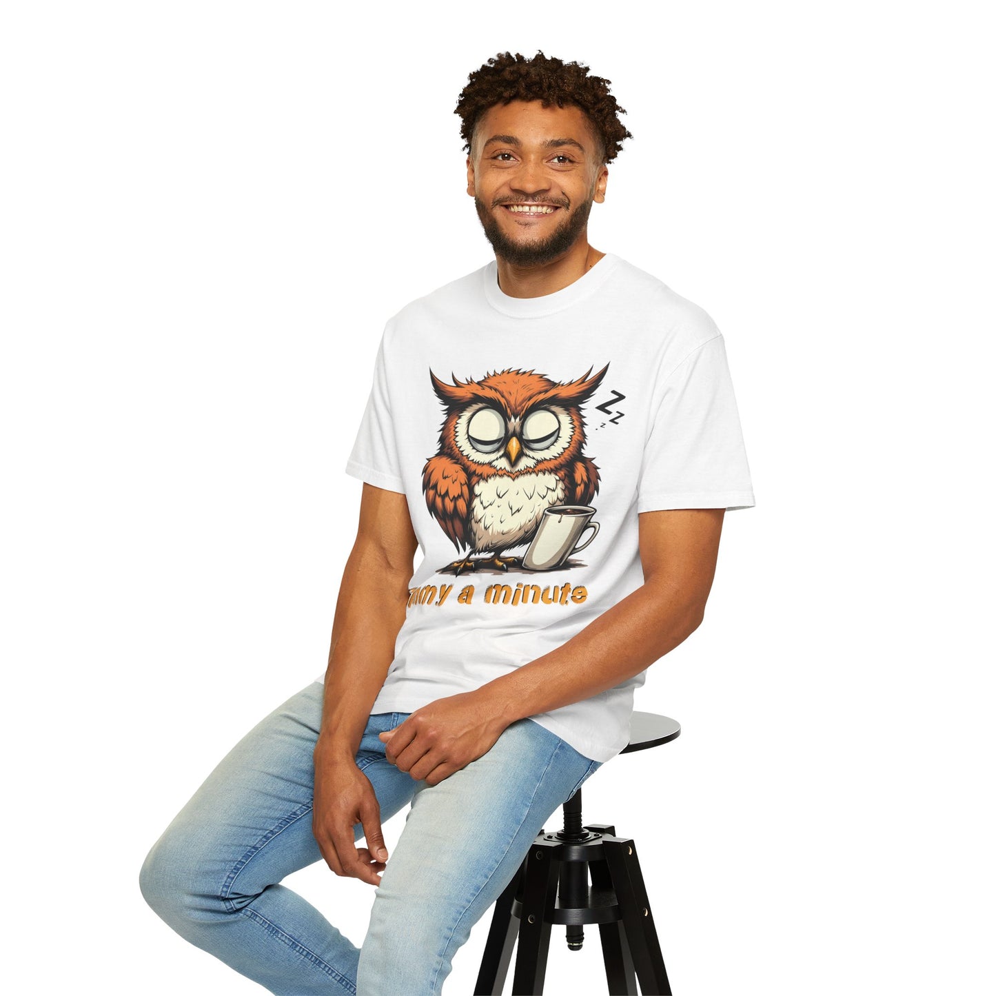 Sleepy Owl Coffee T-Shirt — "Gimme a Minute" Cute Morning Tee