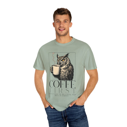Coffee First Owl T-Shirt — Coffee Lover Graphic Tee