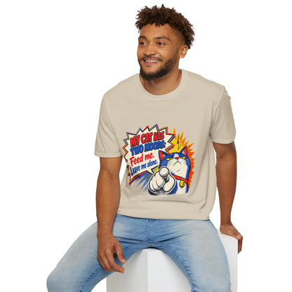 Cat T-Shirt — "My Cat Has Two Moods: Feed Me, Leave Me Alone" Funny Retro Comic Tee