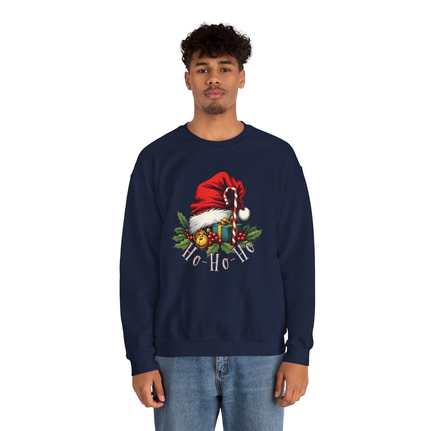 Christmas Sweatshirt - 'Ho-Ho-Ho' Santa Hat & Holly Holiday Crewneck