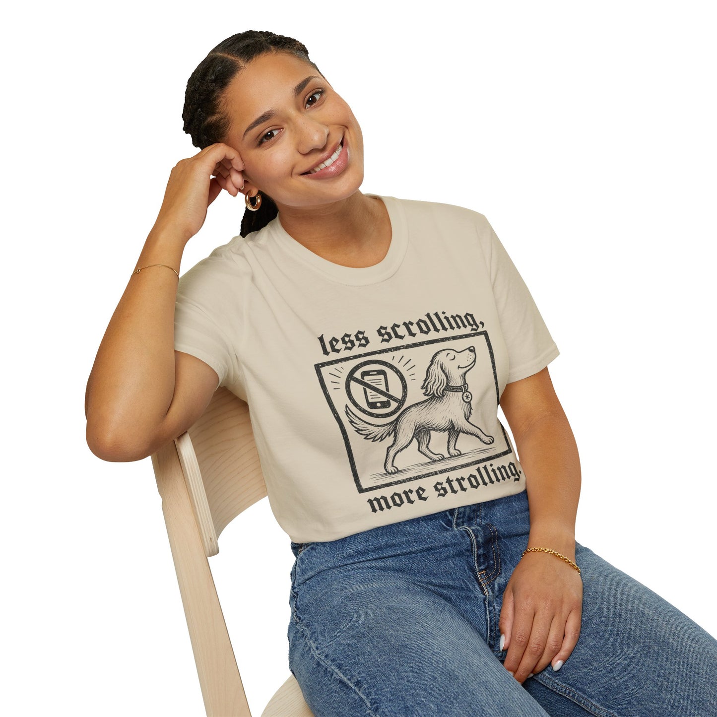 T-Shirt — "Less Scrolling, More Strolling" Dog Graphic Tee