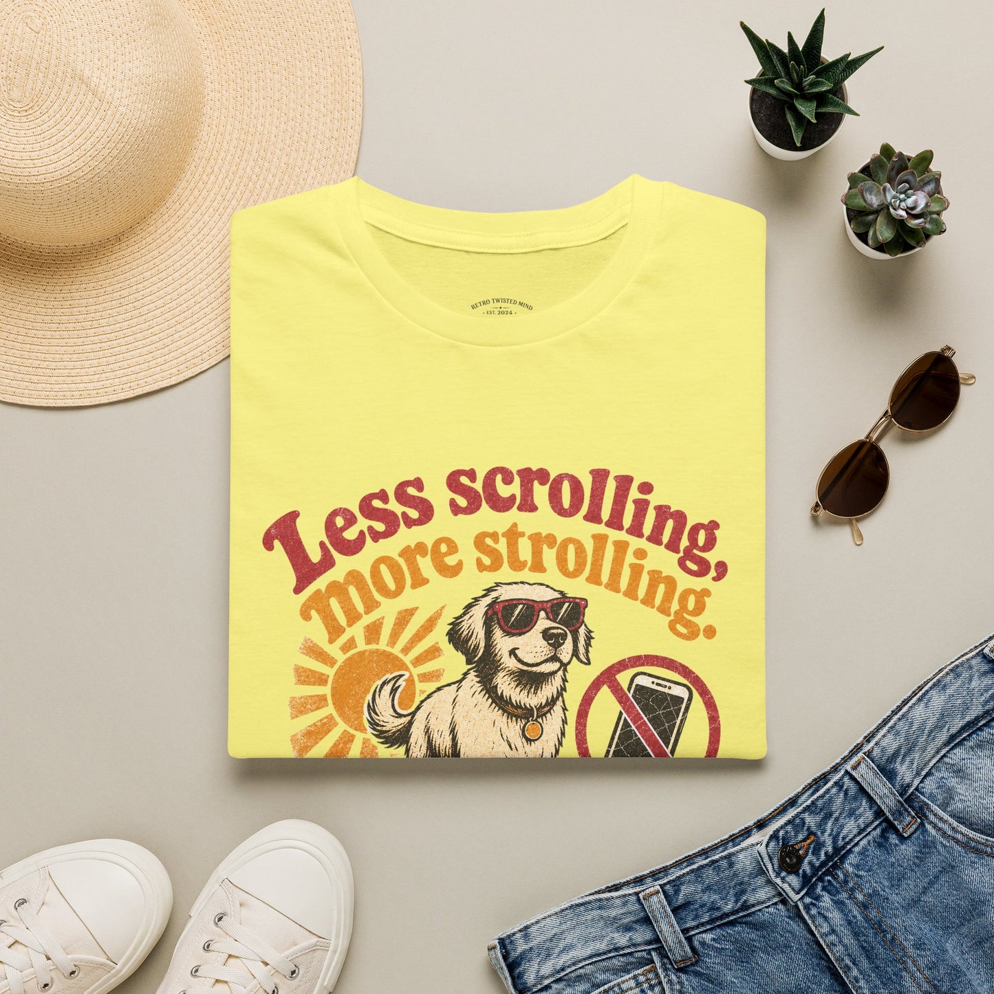 Less Scrolling More Strolling T-Shirt — Retro Dog Walk Graphic Tee