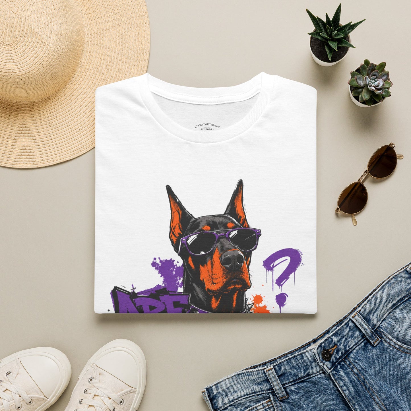 Doberman Graffiti T-Shirt — "You Sure?" Street Art Dog Tee