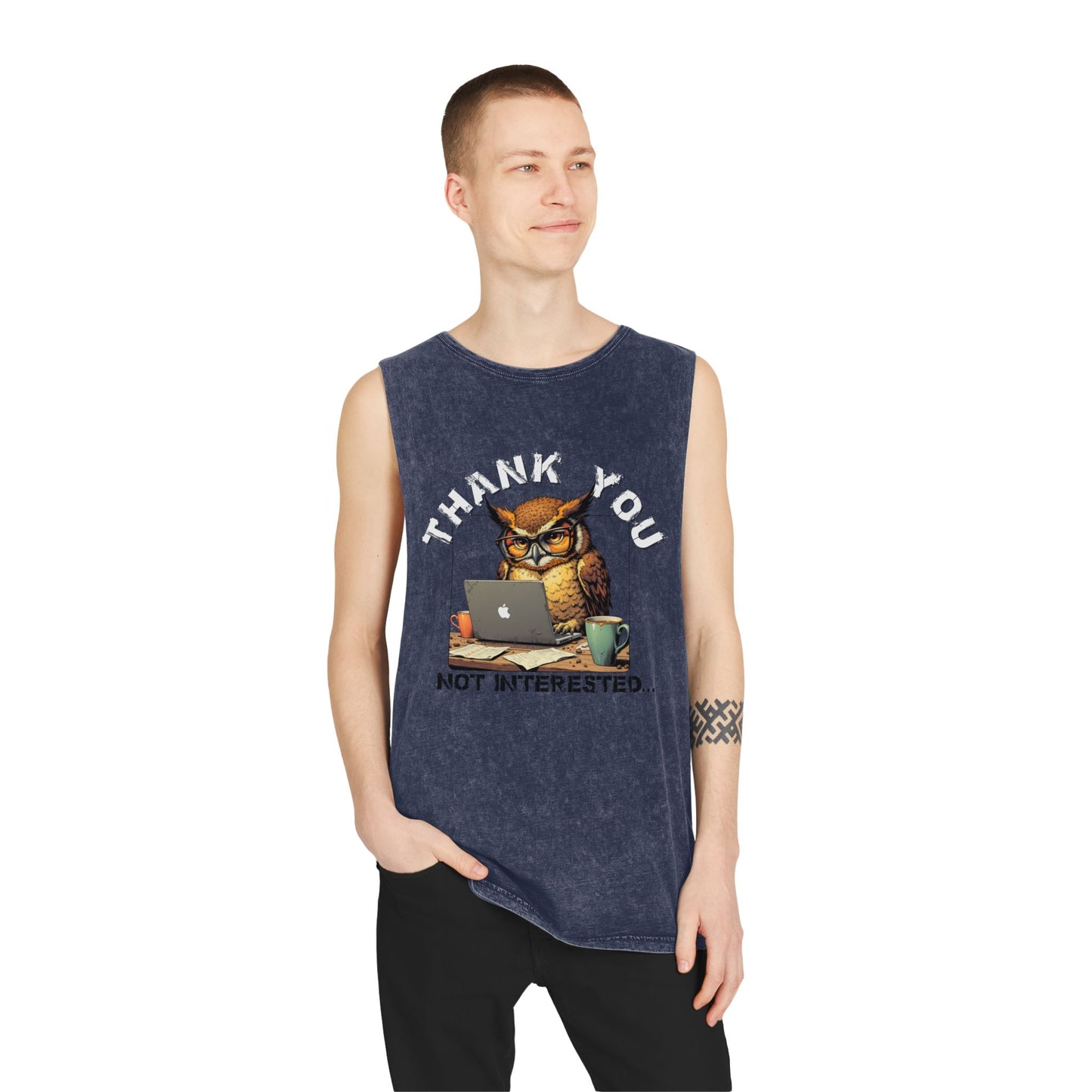 Thank You, Not Interested Tank Top — Funny Owl Laptop Graphic Stonewash Tank