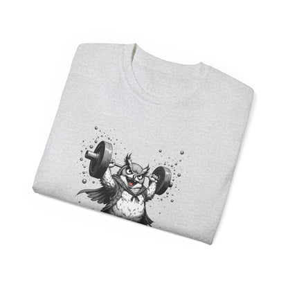 Weightlifting Owl Graphic Tee — "Morning Power" Fitness T-Shirt