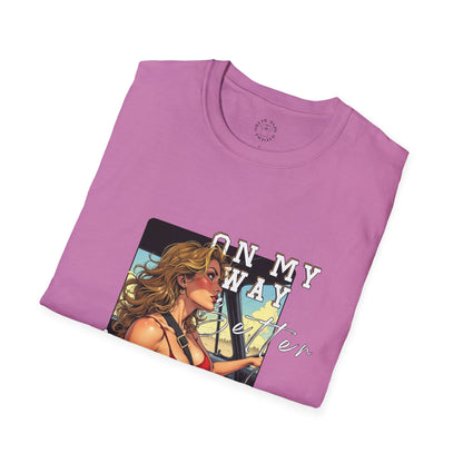 Vintage-Inspired Unisex Softstyle T-Shirt - 'On My Way to Better Life'woman driving,twisted