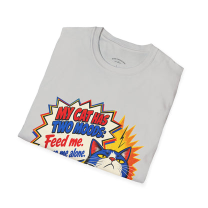 Cat T-Shirt — "My Cat Has Two Moods: Feed Me, Leave Me Alone" Funny Retro Comic Tee