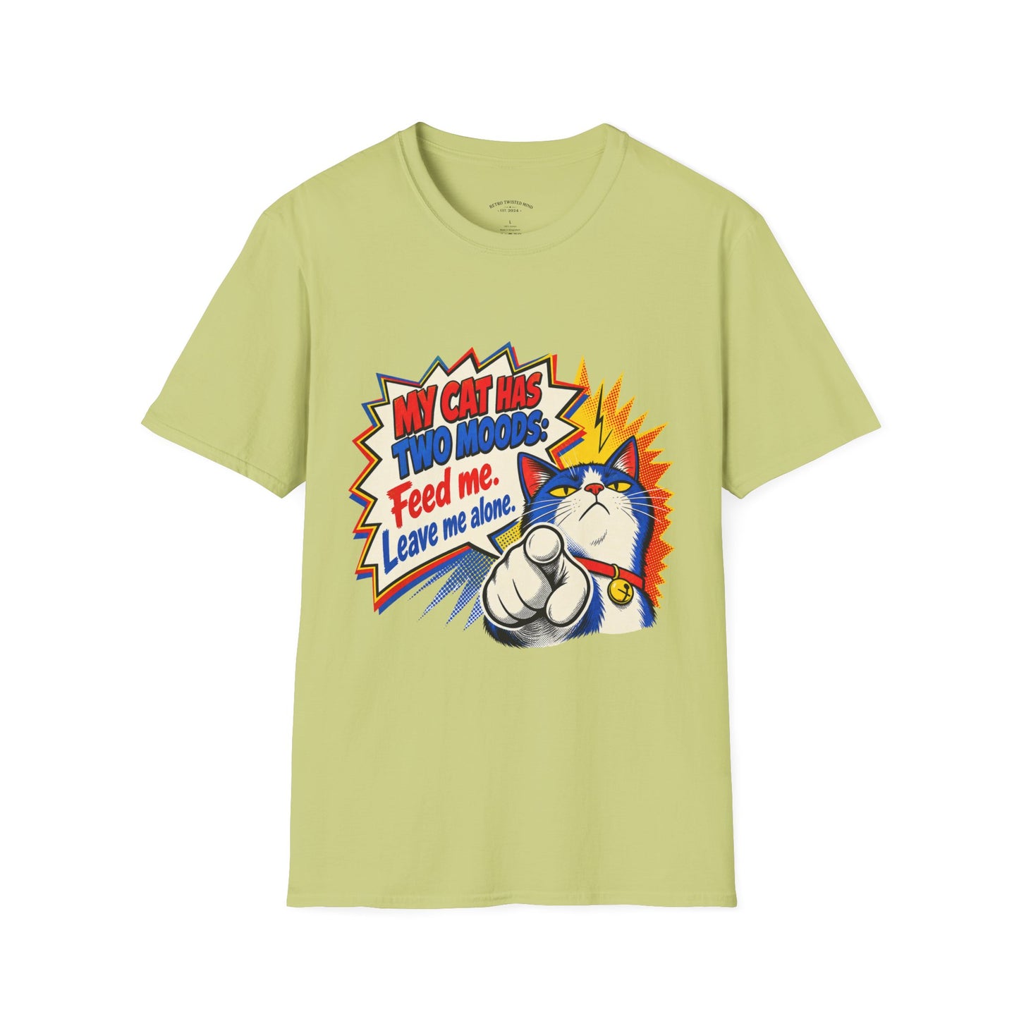 Cat T-Shirt — "My Cat Has Two Moods: Feed Me, Leave Me Alone" Funny Retro Comic Tee