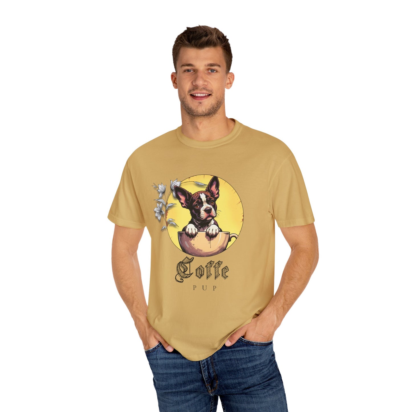 Coffee Pup Unisex Garment-Dyed T-shirt - Cute Dog Lovers Tee