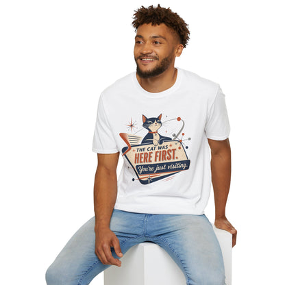 Cat Was Here First T-Shirt — Retro Mid-Century Kitty "You’re Just Visiting" Tee