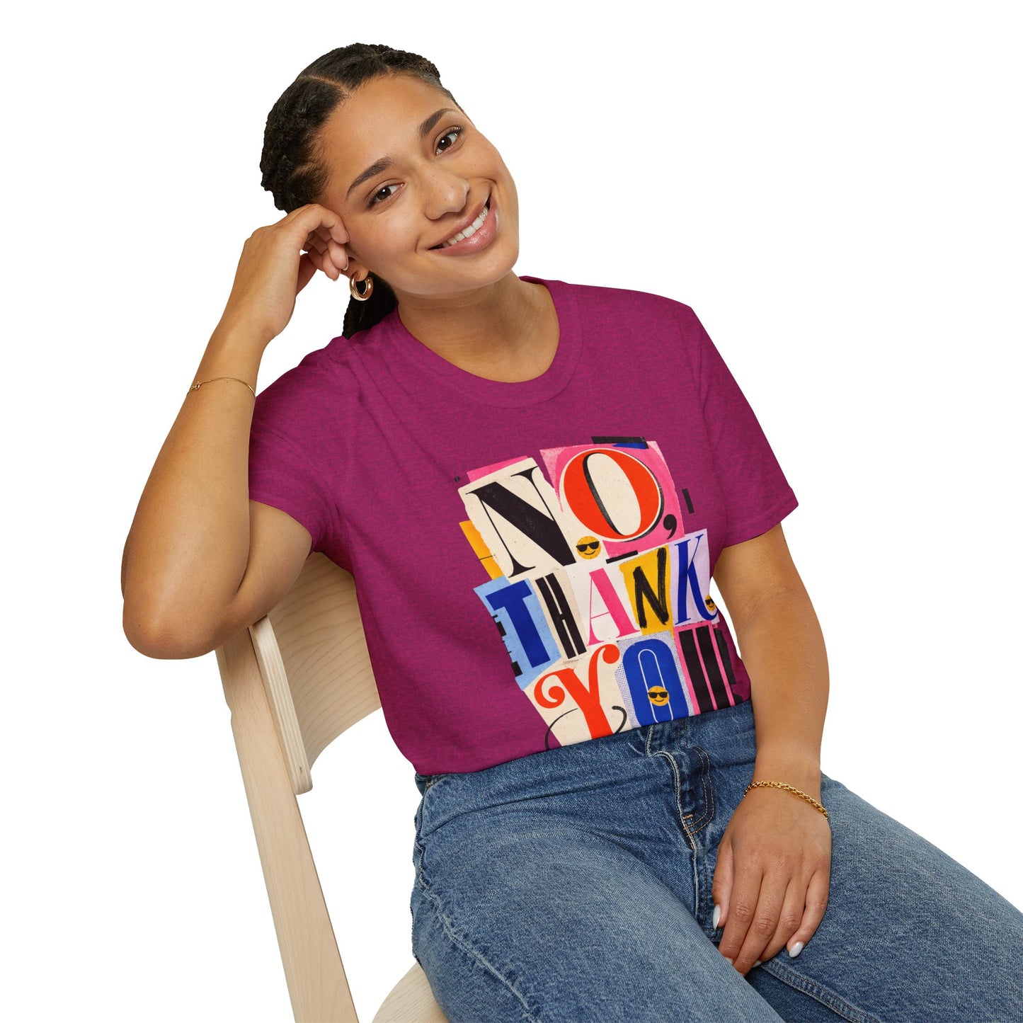 No, Thank You Graphic Tee — Colorful Bold Lettering T‑Shirt