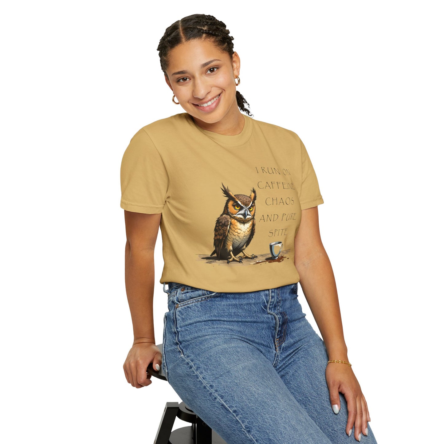 Owl & Coffee T‑Shirt — "I Run On Caffeine, Chaos, And Pure Spite" Graphic Tee