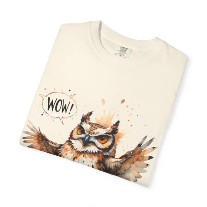 Owl Watercolor T-Shirt — Cute 'Wow!' Cartoon Owl Graphic Tee