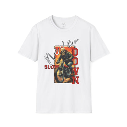 Never Slow Down Motorcycle T-Shirt - Unisex Softstyle Graphic Tee,biker, scull ,twisted