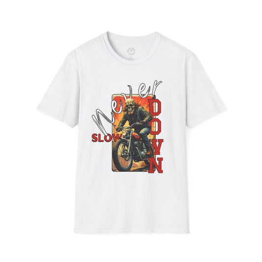 Never Slow Down Motorcycle T-Shirt - Unisex Softstyle Graphic Tee,biker, scull ,twisted