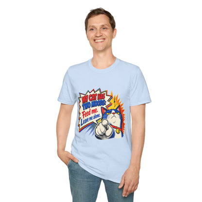 Cat T-Shirt — "My Cat Has Two Moods: Feed Me, Leave Me Alone" Funny Retro Comic Tee