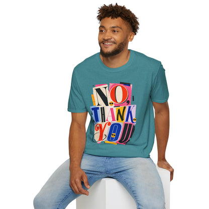 No, Thank You Graphic Tee — Colorful Bold Lettering T‑Shirt