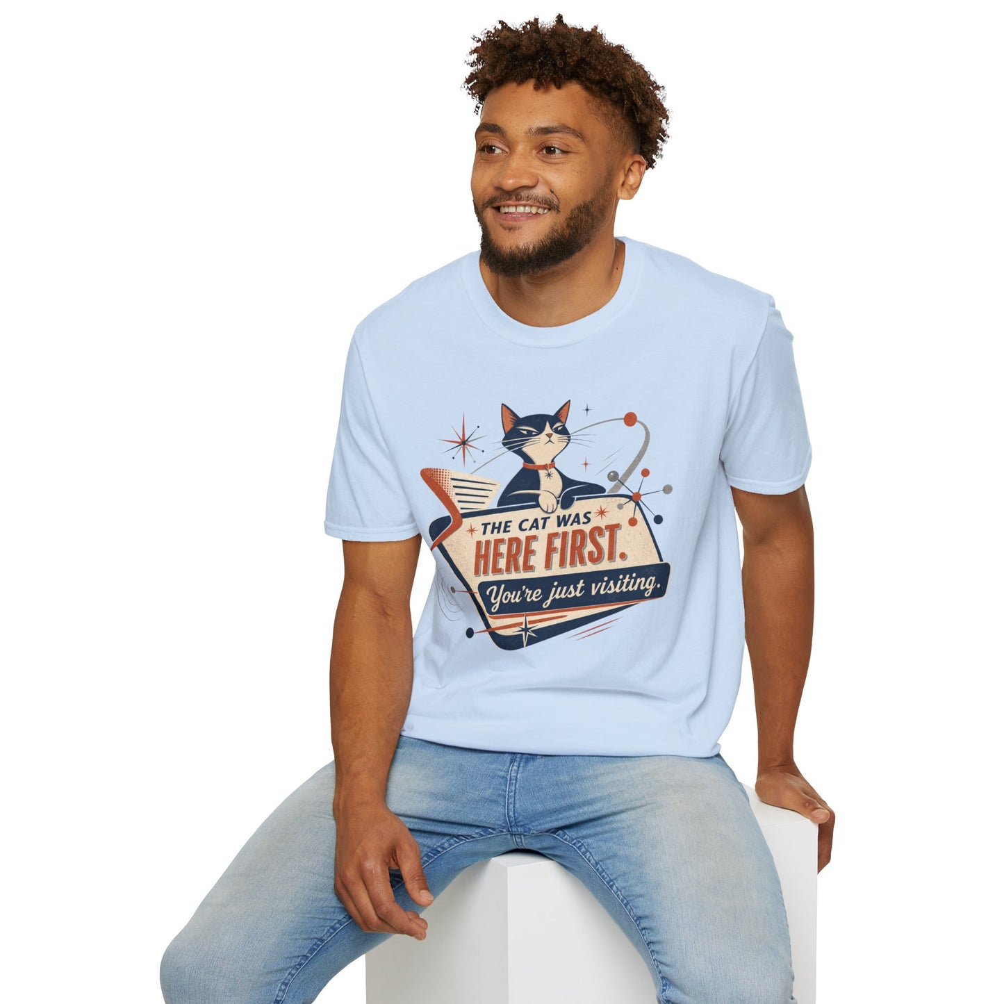 Cat Was Here First T-Shirt — Retro Mid-Century Kitty "You’re Just Visiting" Tee