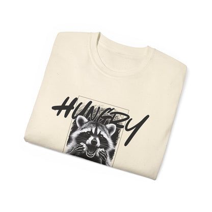 Hungry Raccoon Graphic Tee – Vintage Black & White Animal T-Shirt