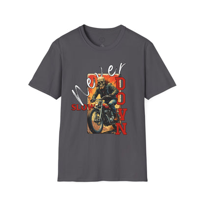 Never Slow Down Motorcycle T-Shirt - Unisex Softstyle Graphic Tee,biker, scull ,twisted