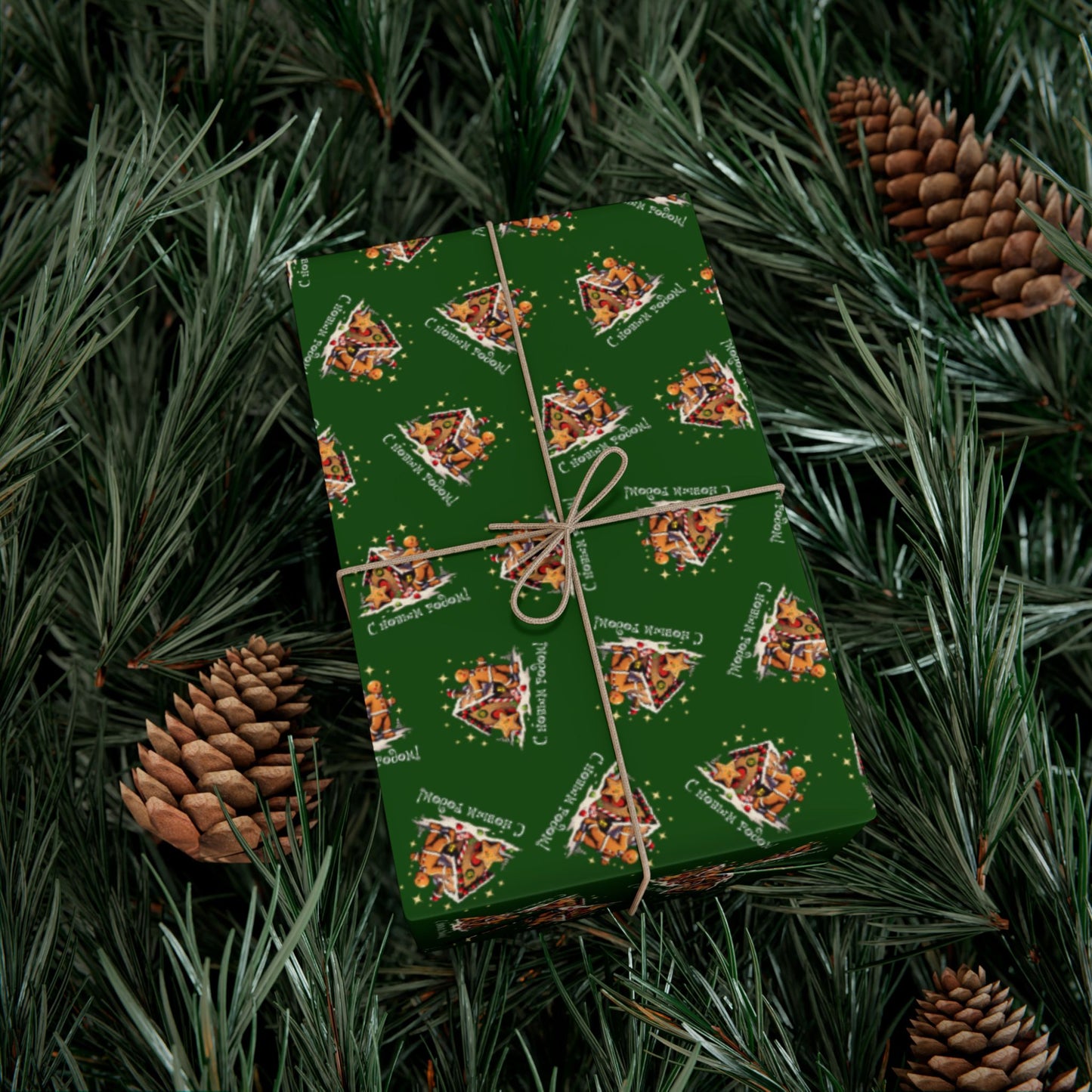 Gift Wrap Paper - Festive Green Holiday Pattern with Gingerbread Houses