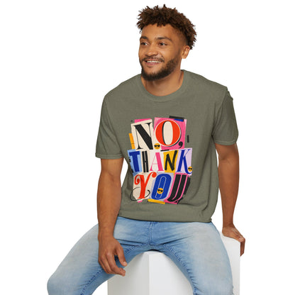 No, Thank You Graphic Tee — Colorful Bold Lettering T‑Shirt