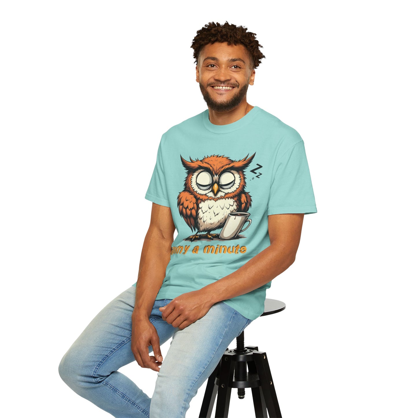 Sleepy Owl Coffee T-Shirt — "Gimme a Minute" Cute Morning Tee