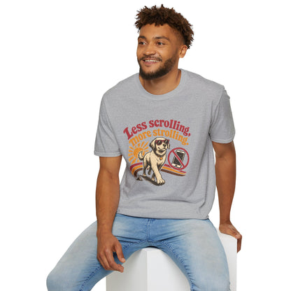 Less Scrolling More Strolling T-Shirt — Retro Dog Walk Graphic Tee